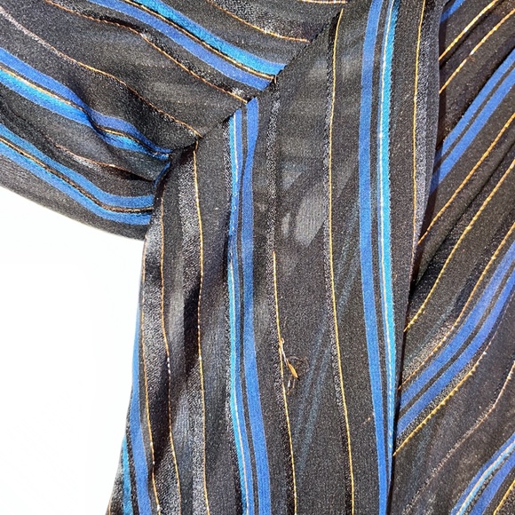 John Yang Shirt Womens 12 Blue Black Striped Long Sleeve Blouse Ruffle High Neck - Picture 12 of 12